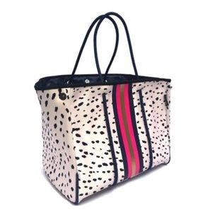 NWT**NeopreneTote with black animal Spots pink/navy stripes